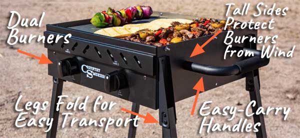 Flat Top Griddle Features: Dual Burners, Folding Legs, Carry Handles, Wind Protection