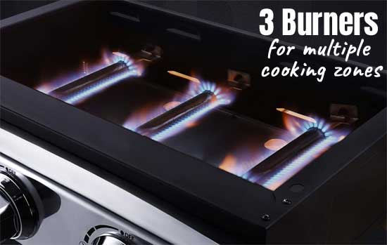 3 Stainless Steel Burners for Multiple Cooking Zones on Gas Table Top Griddle
