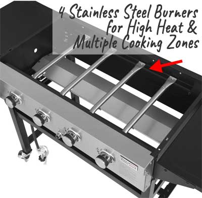 Stainless Steel Burners for High Heat Capacity and Multiple Cooking Zones on Griddle